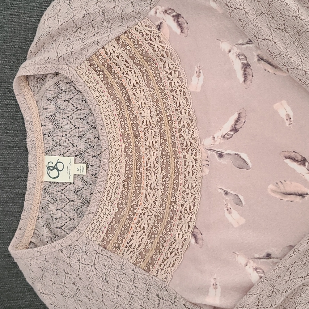 One September Aves Feather BoHo Mixed Media Top M - Picture 11 of 13